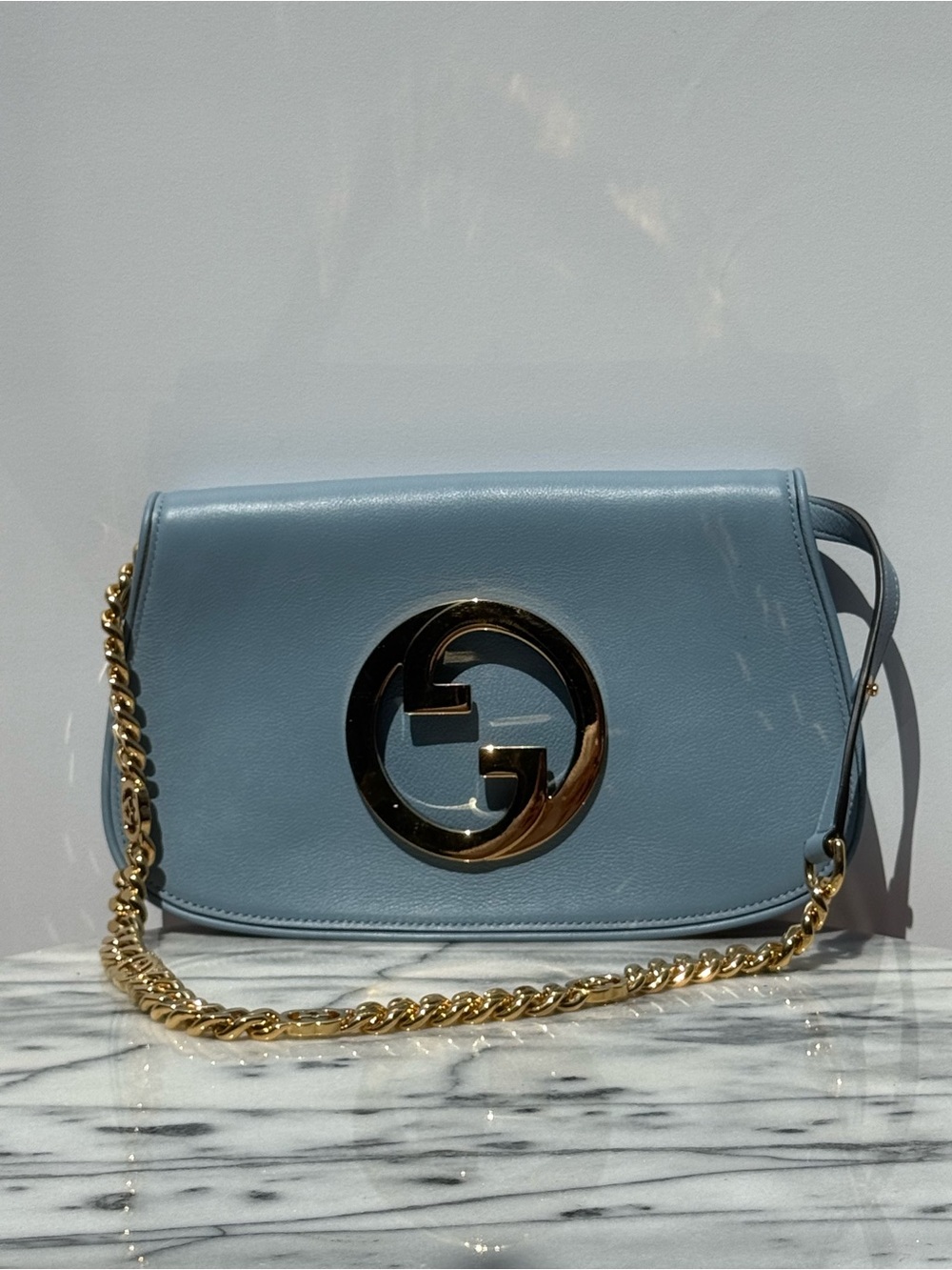 Gucci Light Blue Leather Crossbody with Gold GG Emblem